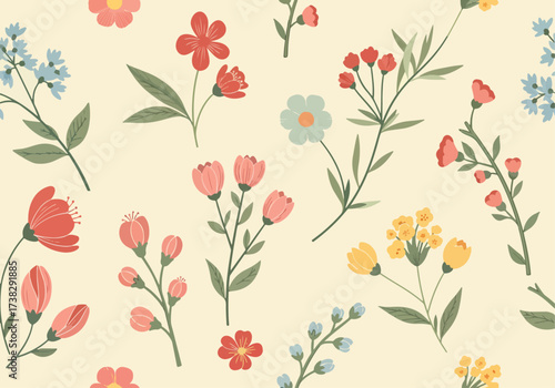 Watercolor pastel pink, lilac, and mint green flowers and leaves on a white background, Flower seamless pattern. Watercolor print in rustic vintage style, textile or wallpapers.