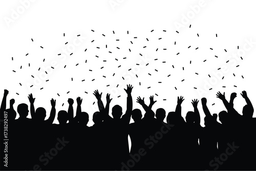 Silhouette crowd cheering and confetti falling joyful celebration