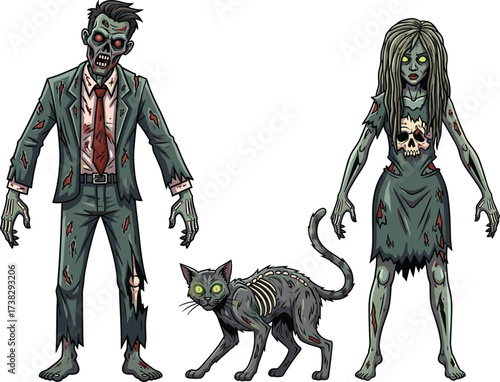 Scary zombie couple, creepy undead cat, horror monster artwork, spooky Halloween illustration, frightening walking dead characters, grotesque evil design, terrifying undead concept