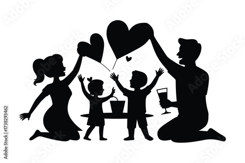 Heart balloons silhouette of a happy family celebrating together outdoors