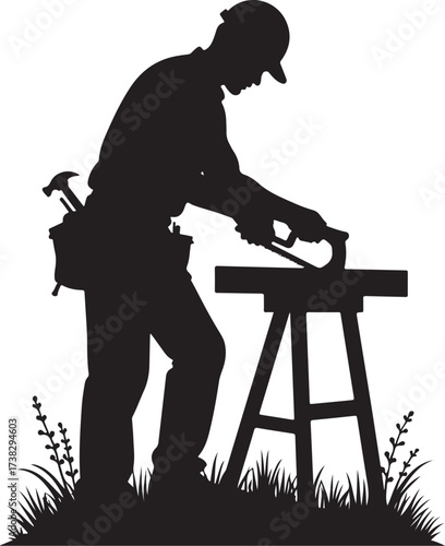 Black silhouette of a carpenter sawing wood on a sawhorse