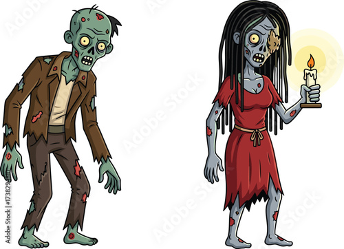 Creepy cartoon zombie couple illustration, scary undead characters, horror monster drawing, spooky skeleton art, frightening Halloween design, evil ghoul with candle