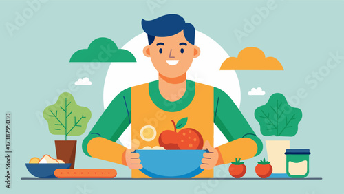 He prepares a healthy and balanced meal taking care to include all the necessary nutrients to fuel his body and make him feel good from the inside out.. Vector illustration