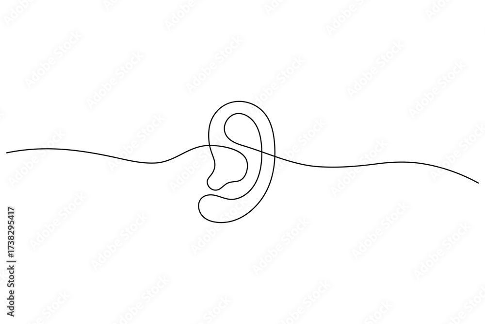 Obraz premium Minimalist continuous one line drawing of a human ear with sound waves, symbol of hearing, listening, and communication