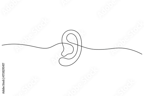 Minimalist continuous one line drawing of a human ear with sound waves, symbol of hearing, listening, and communication