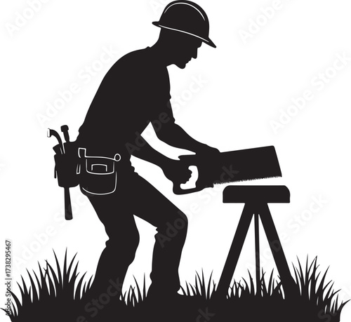 Black silhouette of a carpenter sawing wood on a sawhorse