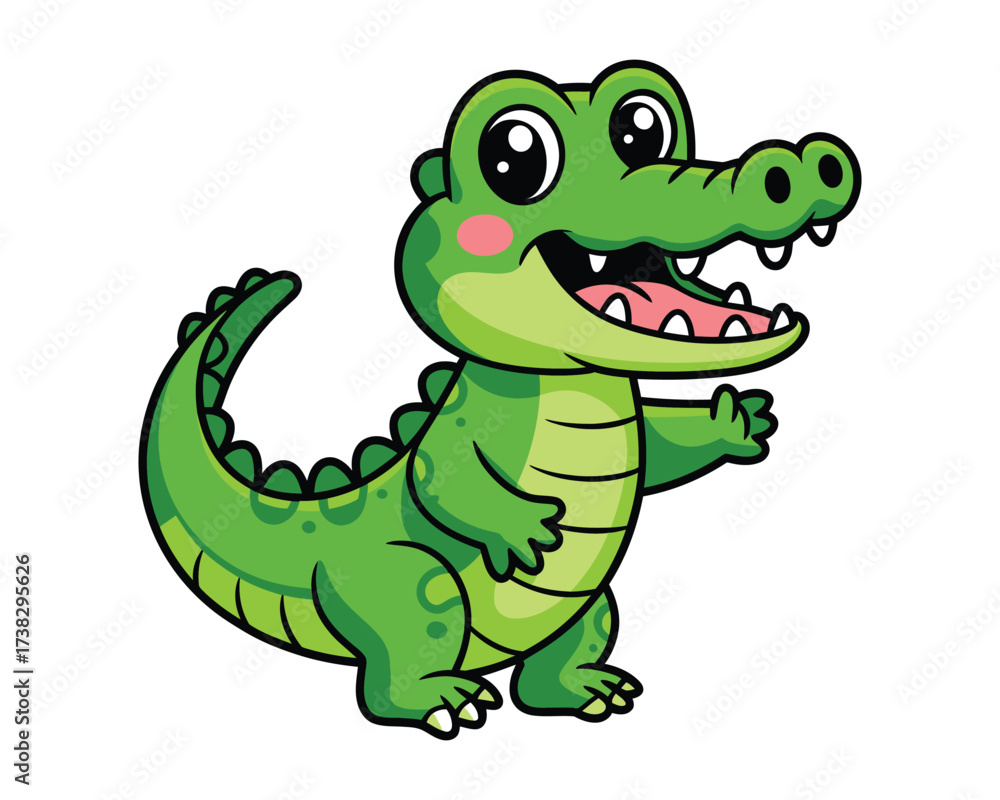 Fototapeta premium Smiling green cartoon alligator vector with big eyes and happy grin, perfect for kids fun adventure illustrations