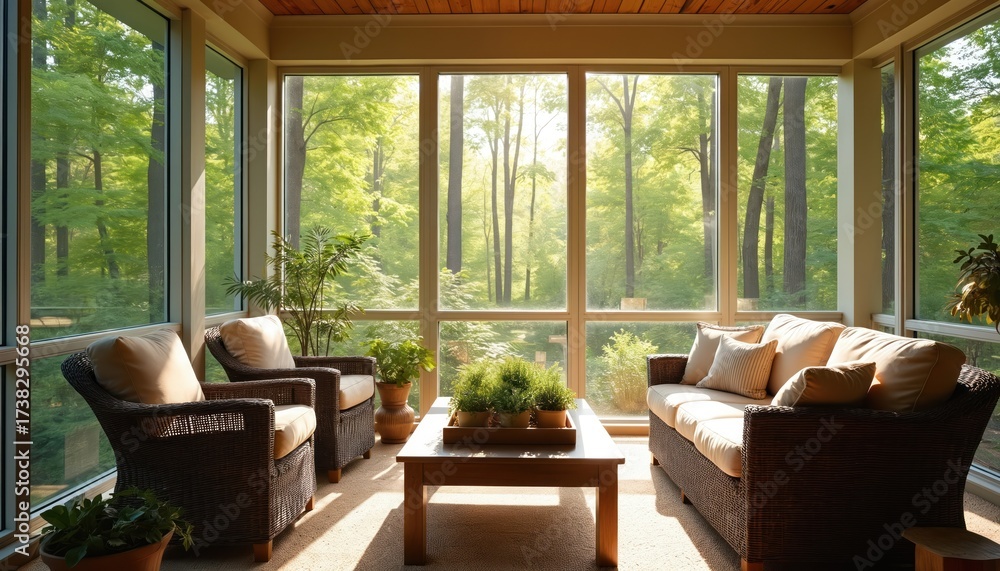 Obraz premium Sunroom with stylish furniture. Large windows frame scenic view of green summer forest. Cozy seating area for relaxation. Interior design focuses on comfort nature integration.