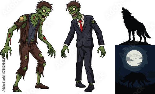 Scary zombies cartoon, spooky werewolf silhouette, Halloween horror night illustration, creepy undead characters, monster artwork design, full moon scary night background