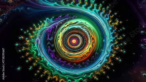 A vibrant 3D swirl of neon colors spirals from a glowing center, creating a mesmerizing, cosmic tunnel of light and motion in stunning 4K detail.