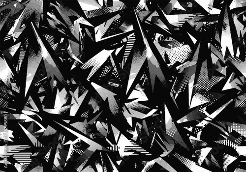 Dynamic abstract black and white geometric pattern with sharp edgy shapes and textured fragmented design, modern art background graphic.