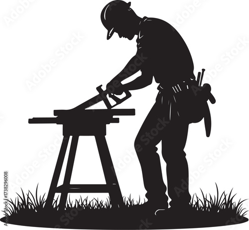 Black silhouette of a carpenter sawing wood on a workbench