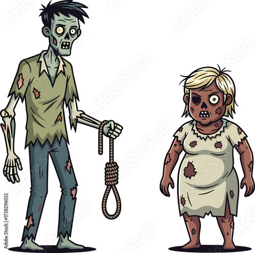 Creepy cartoon zombie couple illustration, scary undead characters, horror monster drawing, spooky skeleton artwork, frightening Halloween design, evil ghoul holding rope