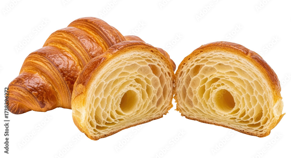 Fototapeta premium Isolated croissant parts showcase the delicious interior; perfect for pastry illustrations