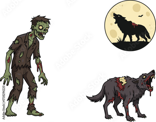 Zombie monster cartoon, scary werewolf illustration, spooky undead creature, Halloween night horror artwork, creepy zombie wolf, evil monster design, full moon background