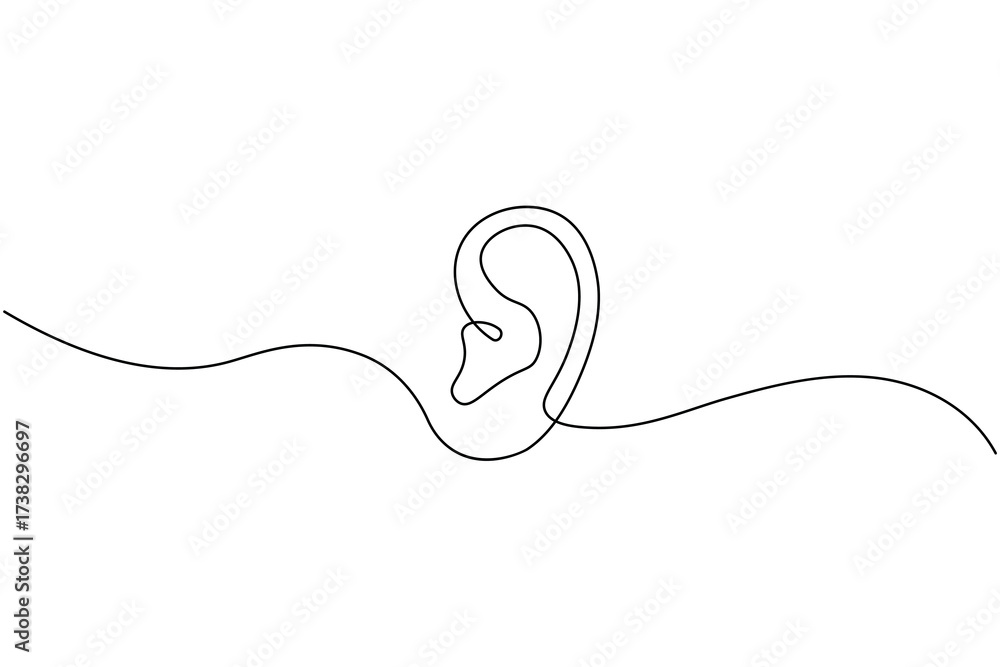 Obraz premium Minimalist continuous one line drawing of a human ear with sound waves, symbol of hearing, listening, and communication