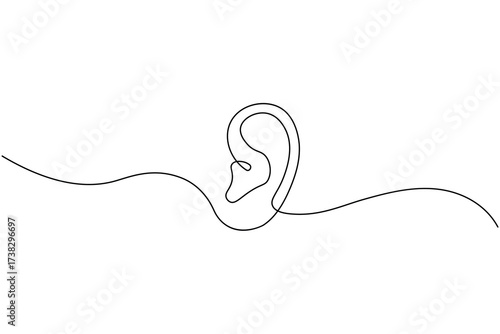 Minimalist continuous one line drawing of a human ear with sound waves, symbol of hearing, listening, and communication