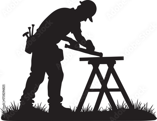 Black silhouette of a carpenter using a hand plane on a sawhorse