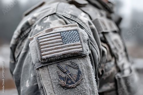 A close-up of a U.S. military uniform with an American flag patch, symbolizing patriotism, honor, and national pride, with a blurred background of service to country.