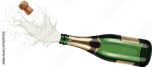 Champagne bottle pop, cork explosion, celebration drink, festive splash, green bottle, party icon, vector illustration, sparkling wine, dynamic graphic, toast symbol