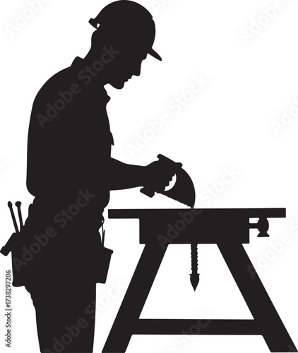 Black silhouette of a carpenter using a hand saw on a workbench