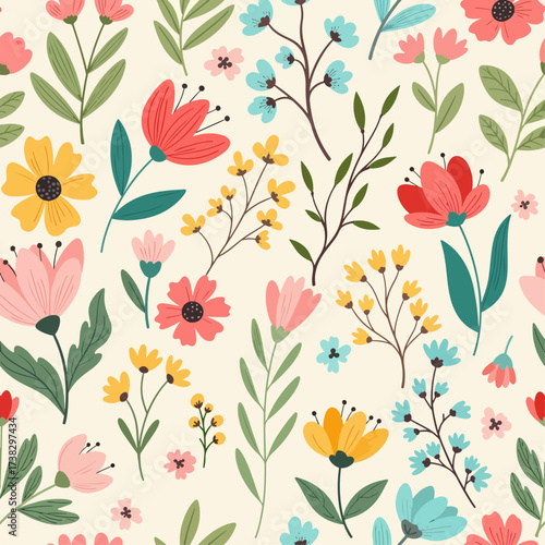 Fabric seamless design with simple flowers. Vector cute repeated ditsy pattern for fabric, wallpaper or wrap paper. Trendy seamless floral pattern. Fabric design with simple flowers.