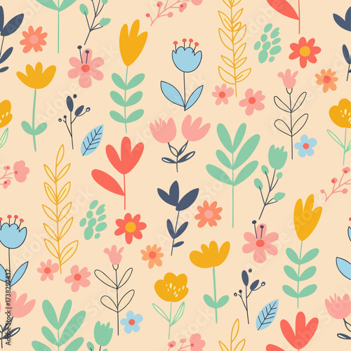 Fabric seamless design with simple flowers. Vector cute repeated ditsy pattern for fabric, wallpaper or wrap paper. Trendy seamless floral pattern. Fabric design with simple flowers.