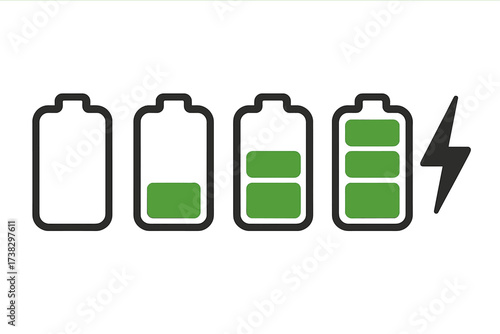 Set of battery charge level indicator icons. Vector collection of power status from empty to full. Green energy, electricity symbol for web, mobile app, UI design elements.