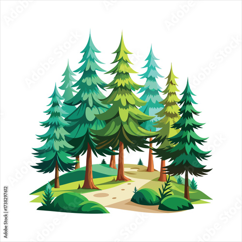 Vibrant pine tree forest landscape with lush greenery and sandy path