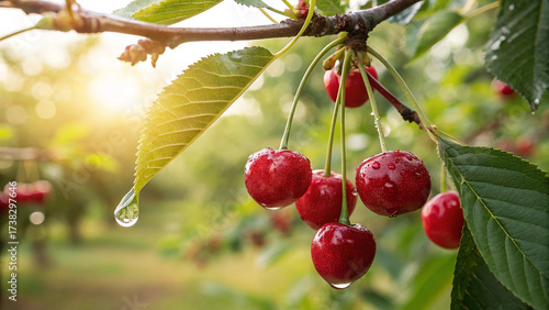 Obraz na płótnie Closeup of ripe red cherries on a branch with water droplets at sunset