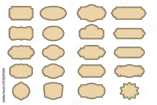 Set of vintage blank frames. Retro labels mega collection. Classic decorative old badge elements. Empty sticker tag template. Vector illustration for product packaging design.
