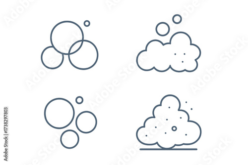 Bubble and foam line icon set. Minimalist vector pictograms of soap suds, water, and cleaning. Simple thin line illustration for washing, hygiene, and freshness concepts.