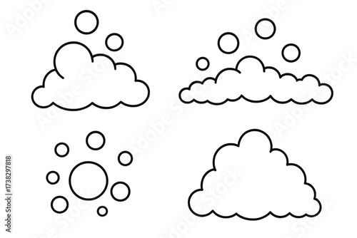 Bubble and foam outline symbol set for graphic design. Vector cartoon illustration of soap suds, lather, and fizzy pop soda bubbles. Clean wash concept for apps and adverts.