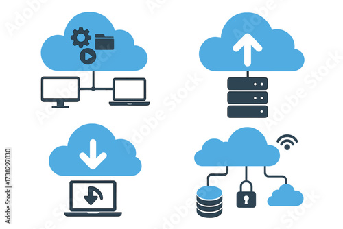 Cloud computing technology icon set. Vector illustration. Data storage, upload, download, server hosting. Network security, database synchronization. Flat design digital concept.