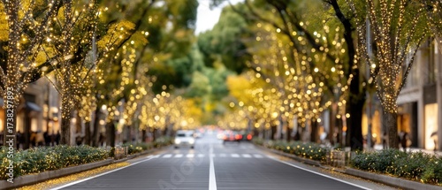 Colorful autumn street lined with glowing lights and vibrant trees creating a festive ambiance during evening hours in a bustling city