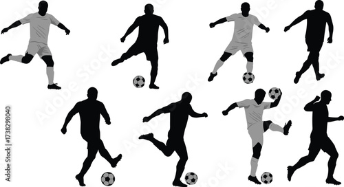 A set of vector silhouettes of people playing sports like soccer and basketball, showing action and running in a game