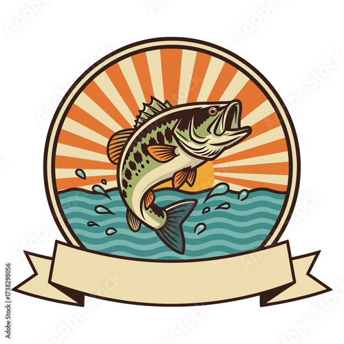 Dynamic leaping bass splashes in sunlit water creating a vibrant emblem for outdoor adventure and fishing enthusiasts
