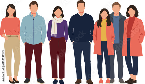 Group of people illustration, modern adults standing together, casual fashion outfit vector, diverse men and women, trendy clothing design, teamwork community concept