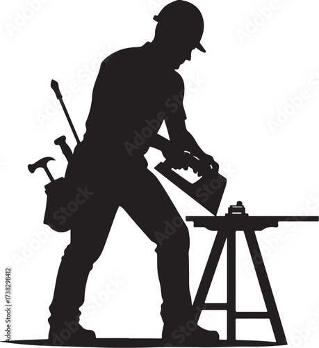 Black silhouette of a construction worker using a power planer