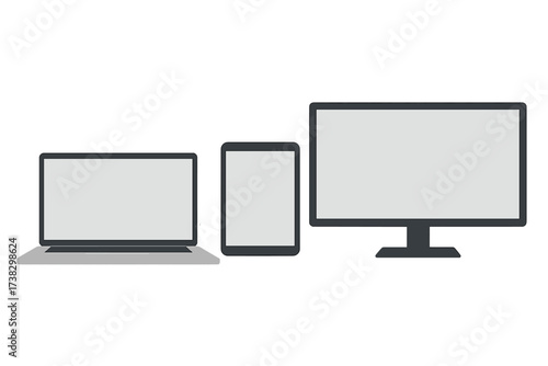 Digital devices set with laptop, tablet, PC monitor. Blank empty screen for mockup or presentation. Responsive web design concept. Modern flat electronic gadgets vector illustration.