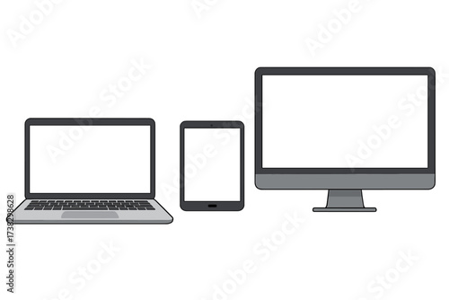 Vector illustration set of digital devices. Laptop, tablet, and PC monitor with blank screens. Modern electronic gadgets for responsive design mockup or tech presentation.