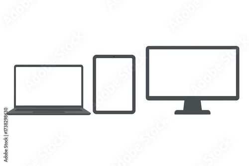 Device mockup set. Laptop, computer monitor, and tablet vector illustration. Flat design electronic gadgets with blank white screens isolated on transparent background.
