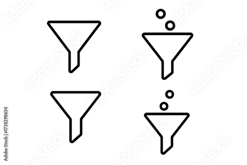 Sales funnel icon set. Metaphor for data filtering, lead conversion, and marketing pipeline process. Minimal linear vector graphic for business analytics and ui infographics.