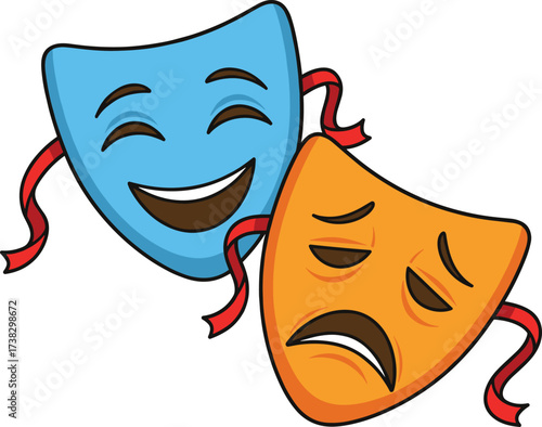 Comedy and tragedy masks, theater symbol, emotional expression, drama icon, vector illustration, performance art, stage emotion, cultural design, entertainment graphic