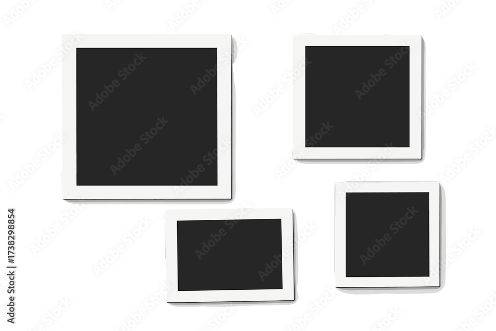 Set of realistic white photo frames with shadow. Vector illustration mockup template for gallery wall. Picture border collection on transparent background for portfolio display.