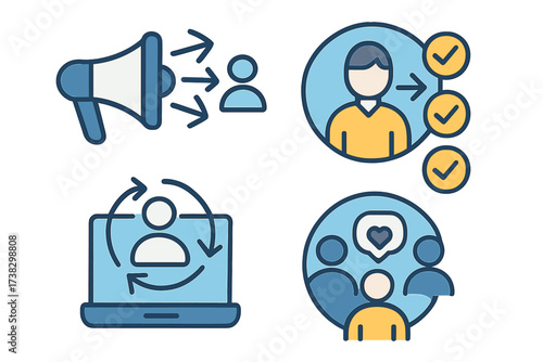 Business marketing icon set for advertising and promotion. Customer engagement, user verification, retention lifecycle and community feedback. Vector line art illustration.