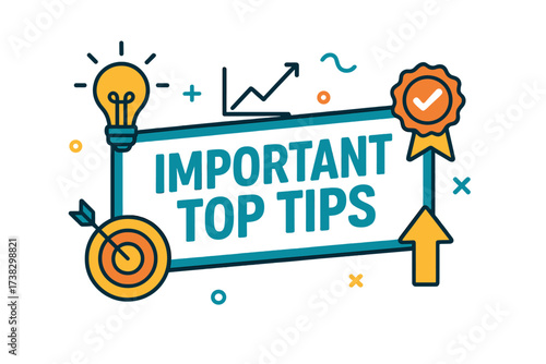 Important top tips banner for business advice. Strategy for success and growth concept. Vector illustration with idea, goal, and quality icons. Marketing and advertising design.