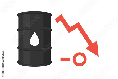 Oil price crisis concept. Negative petroleum cost. Red arrow down showing market crash, financial recession. Crude oil barrel and falling chart. Fuel industry, economy decline.