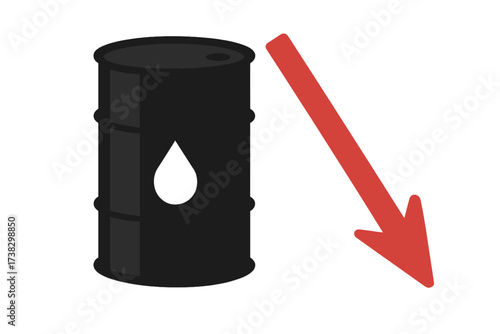 Oil price fall down concept. Red arrow crisis symbol. Barrel of crude petroleum. Financial market crash, negative cost. Fuel industry recession vector illustration graphic.