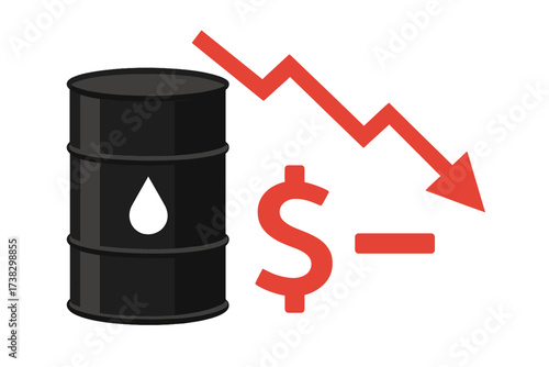 Oil price negative concept. Oil barrel with falling price arrow and negative dollar sign. Financial crisis, market crash, and economic recession metaphor. Fuel energy industry vector.